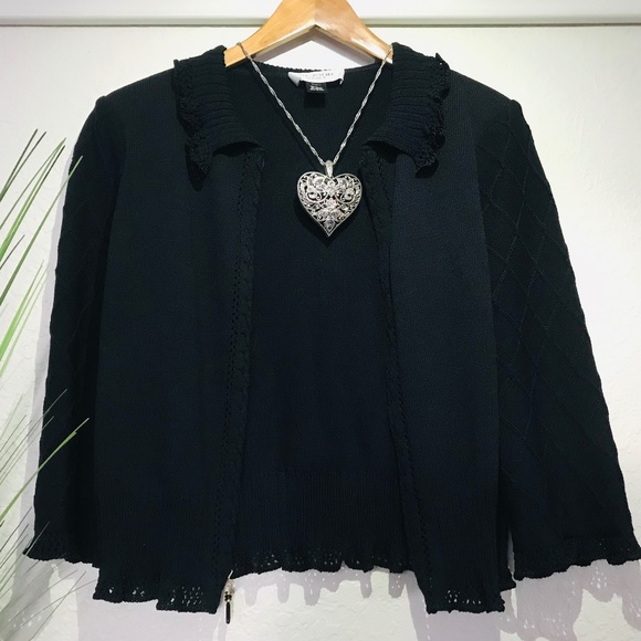 St. John Sweaters - ST. JOHN BLACK ZIP UP RUFFLED COLLAR SWEATER